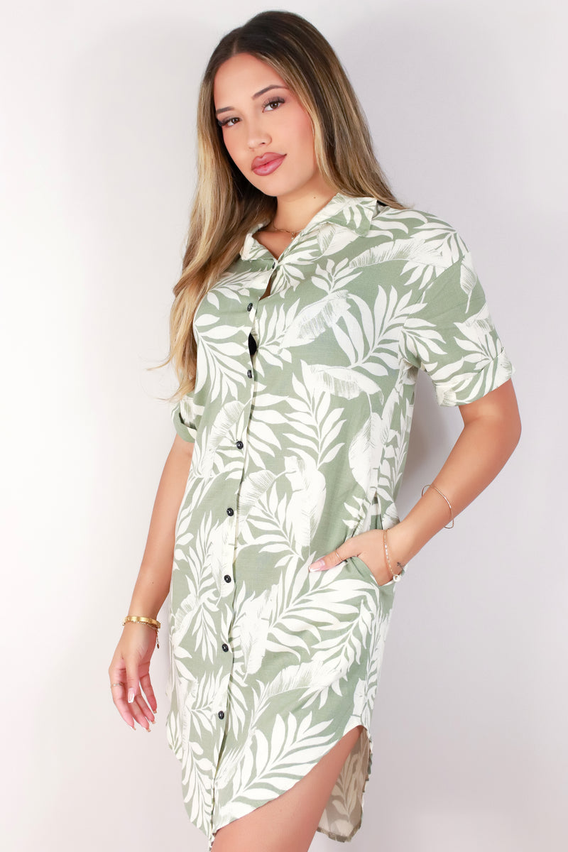 Jeans Warehouse Hawaii - SLEEVE SHORT PRINT DRESSES - LEAF ME BE BUTTON DOWN DRESS | By LUZ