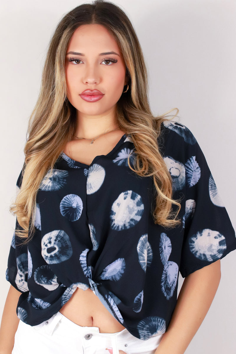 Jeans Warehouse Hawaii - S/S PRINT WOVEN DRESSY TOPS - OPIHI TWIST BOTTOM TOP | By LUZ