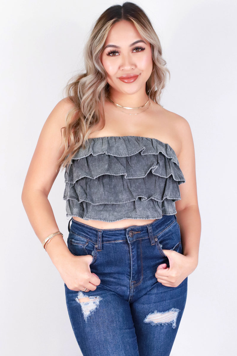 Jeans Warehouse Hawaii - S/L SOLID WOVEN TOPS - CROPPED RUFFLE TUBE TOP | By MUSTARD SEED