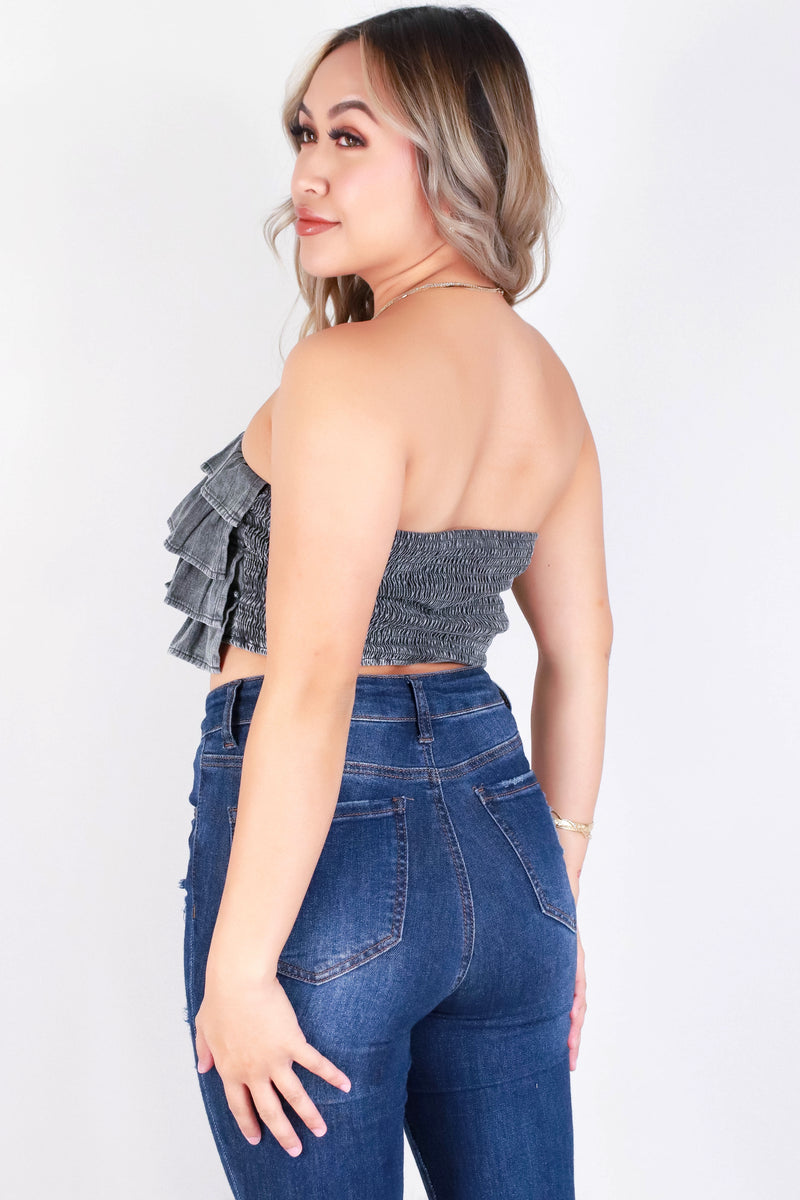 Jeans Warehouse Hawaii - S/L SOLID WOVEN TOPS - CROPPED RUFFLE TUBE TOP | By MUSTARD SEED