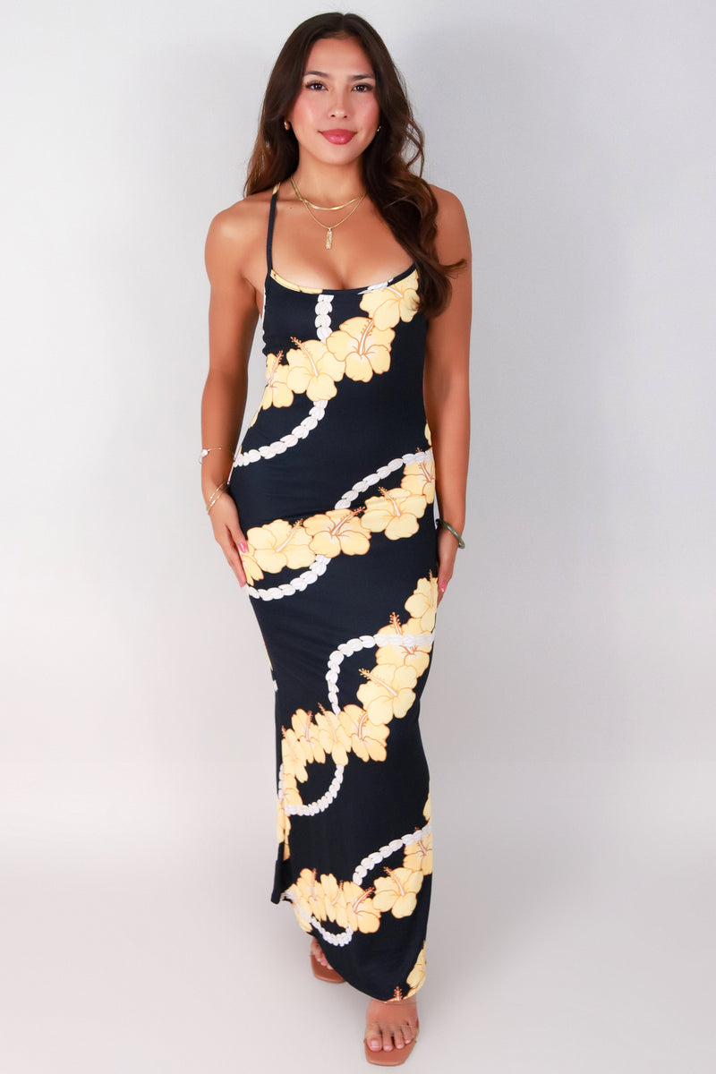 Jeans Warehouse Hawaii - S/L LONG PRINT DRESSES - HIBISCUS PIKAKE MAXI DRESS | By LUZ