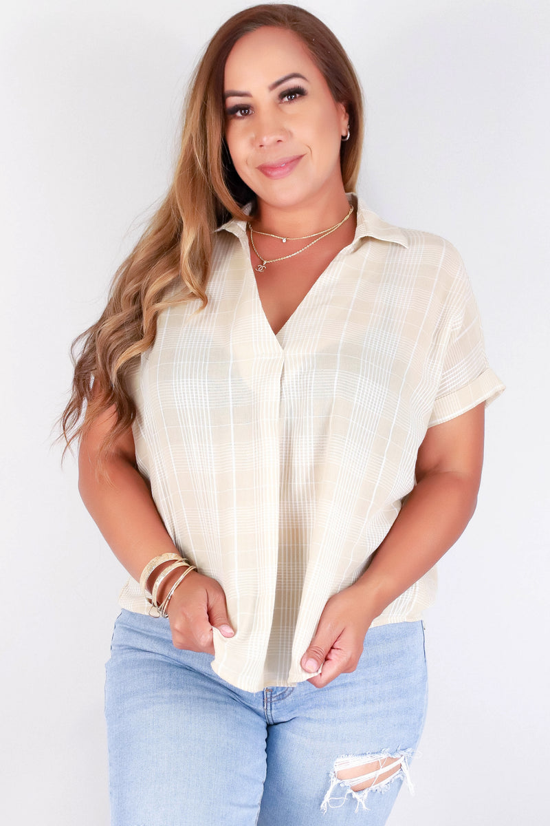 Jeans Warehouse Hawaii - S/S PRINT WOVEN TOPS - PLAID SPLIT NECK TOP | By MUSTARD SEED