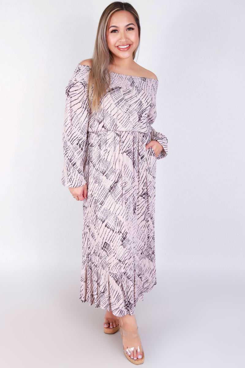 Jeans Warehouse Hawaii - PRINT LONG DRESSES - LONG SLEEVE OFF SHOULDER MAXI DRESS | By FINAL TOUCH