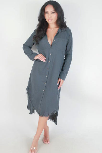 Jeans Warehouse Hawaii - SOLID LONG DRESSES - FRAYED HEM BUTTON DOWN DRESS | By MUSTARD SEED