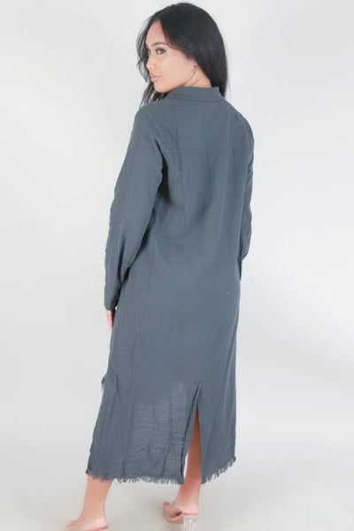 Jeans Warehouse Hawaii - SOLID LONG DRESSES - FRAYED HEM BUTTON DOWN DRESS | By MUSTARD SEED