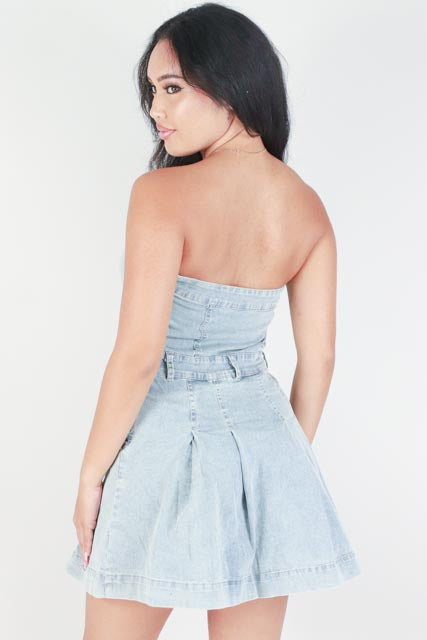 Jeans Warehouse Hawaii - SOLID SHORT DRESSES - PLEATED DENIM TUBE DRESS | By MUSTARD SEED