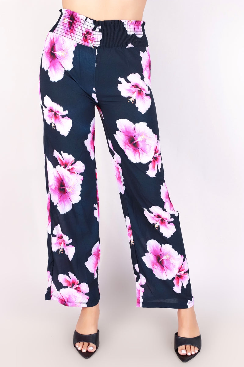 Jeans Warehouse Hawaii - PRINT WOVEN PANTS - HIBISCUS SMOCKED WAIST PANTS | By LUZ