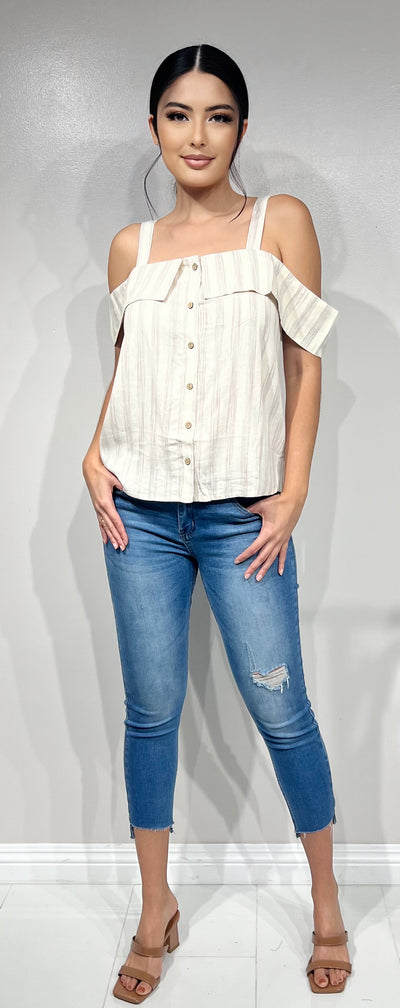 Jeans Warehouse Hawaii - S/S PRINT WOVEN TOPS - STRIPED COLD SHOULDER TOP | By FINAL TOUCH