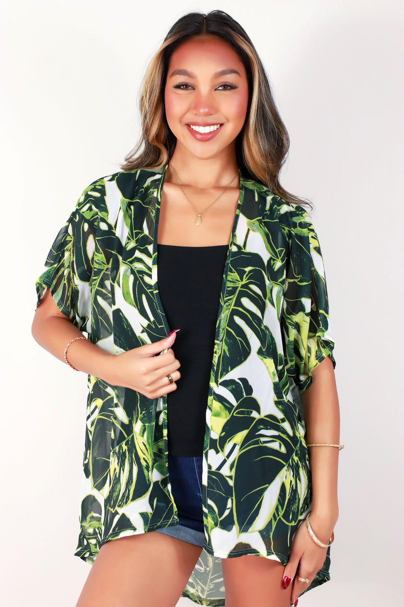 Jeans Warehouse Hawaii - S/S PRINT WOVEN DRESSY TOPS - MONSTERA CARDIGAN | By LUZ