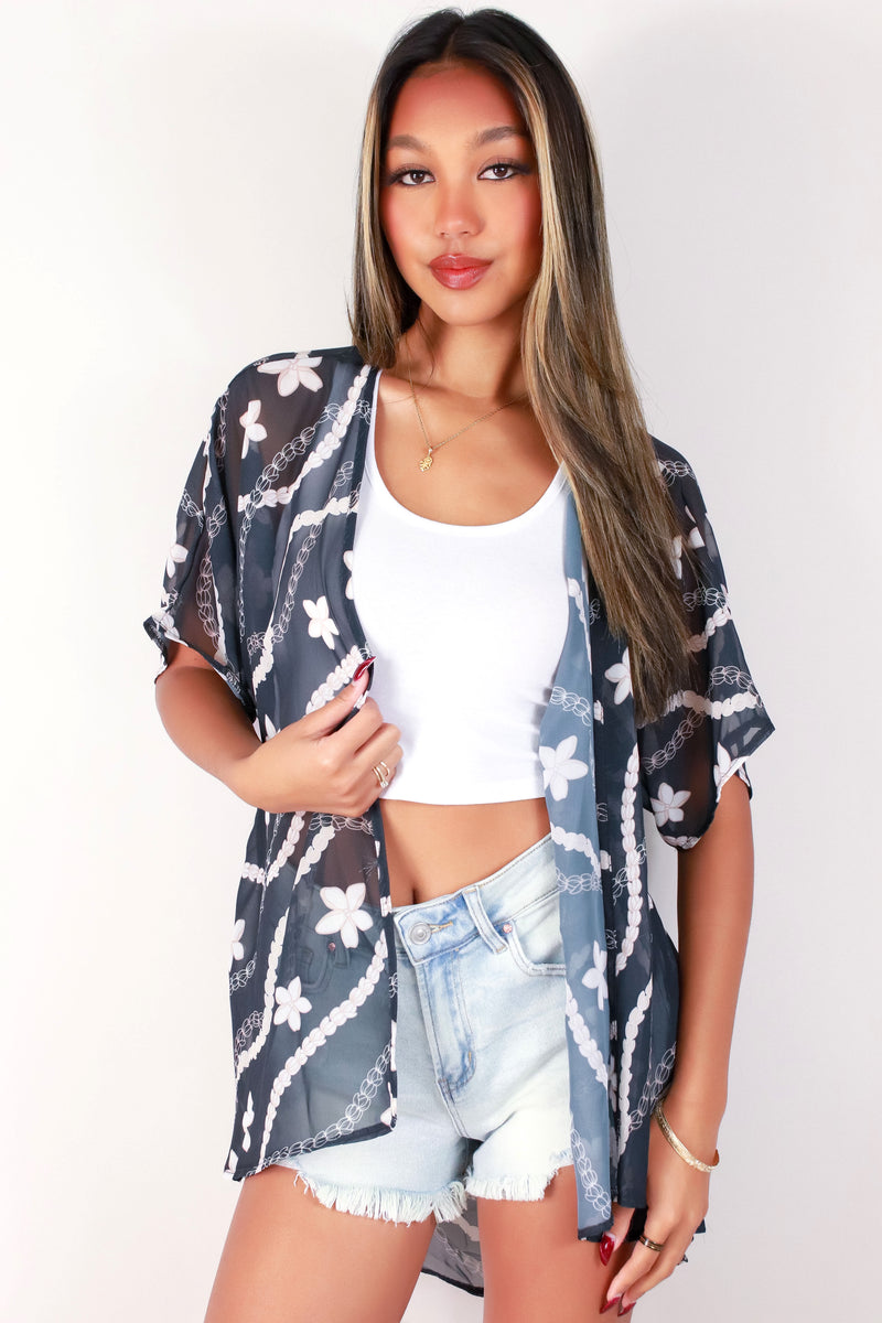 Jeans Warehouse Hawaii - S/S PRINT WOVEN DRESSY TOPS - PIKAKE PLUMERIA CARDIGAN | By LUZ