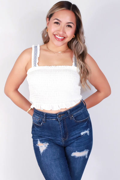 Jeans Warehouse Hawaii - S/L SOLID WOVEN TOPS - SMOCKED RUFFLE STRAP CROP TOP | By FINAL TOUCH