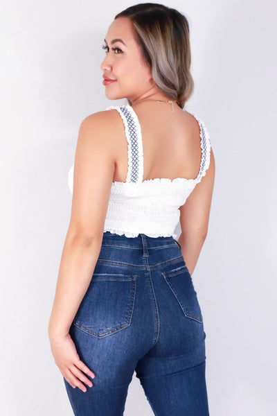 Jeans Warehouse Hawaii - S/L SOLID WOVEN TOPS - SMOCKED RUFFLE STRAP CROP TOP | By FINAL TOUCH