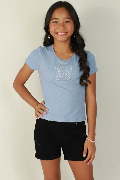 Jeans Warehouse Hawaii - S/S PRINT 7-16 - BUTTERFLY PEARL TOP | KIDS SIZE 7-16 | By IKEDDI IMPORTS