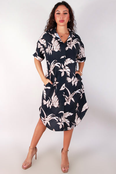 Jeans Warehouse Hawaii - SLEEVE SHORT PRINT DRESSES - TROPICAL HELICONIA BUTTON DOWN DRESS | By LUZ