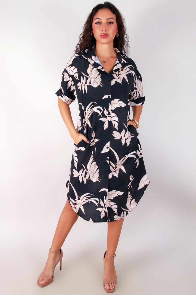 Jeans Warehouse Hawaii - SLEEVE SHORT PRINT DRESSES - TROPICAL HELICONIA BUTTON DOWN DRESS | By LUZ