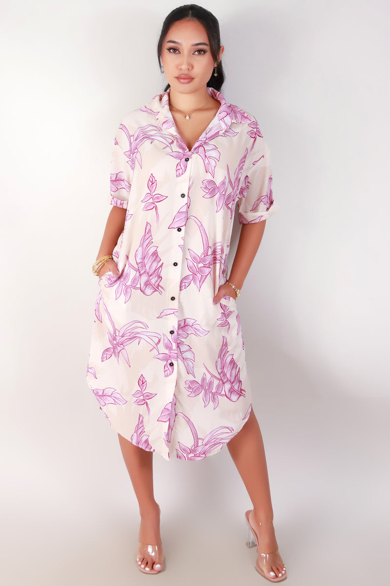 Jeans Warehouse Hawaii - SLEEVE SHORT PRINT DRESSES - TROPICAL HELICONIA BUTTON DOWN DRESS | By LUZ