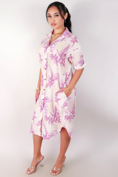 Jeans Warehouse Hawaii - SLEEVE SHORT PRINT DRESSES - TROPICAL HELICONIA BUTTON DOWN DRESS | By LUZ