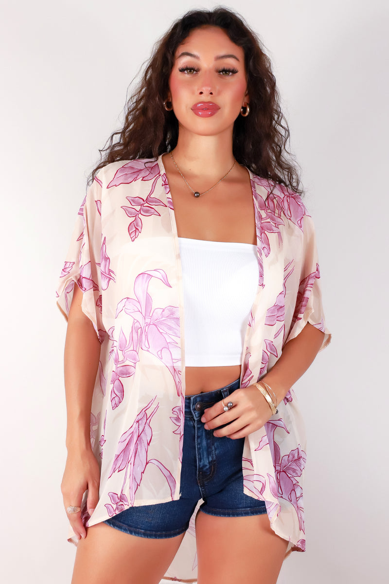 Jeans Warehouse Hawaii - S/S PRINT WOVEN DRESSY TOPS - TROPICAL HELICONIA CHIFFON CARDIGAN | By LUZ