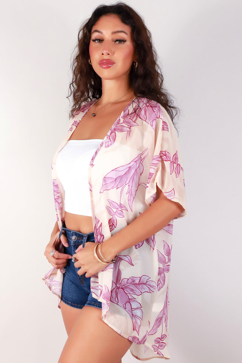 Jeans Warehouse Hawaii - S/S PRINT WOVEN DRESSY TOPS - TROPICAL HELICONIA CHIFFON CARDIGAN | By LUZ