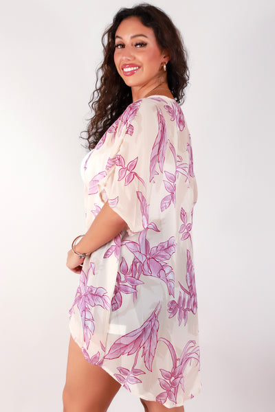 Jeans Warehouse Hawaii - S/S PRINT WOVEN DRESSY TOPS - TROPICAL HELICONIA CHIFFON CARDIGAN | By LUZ