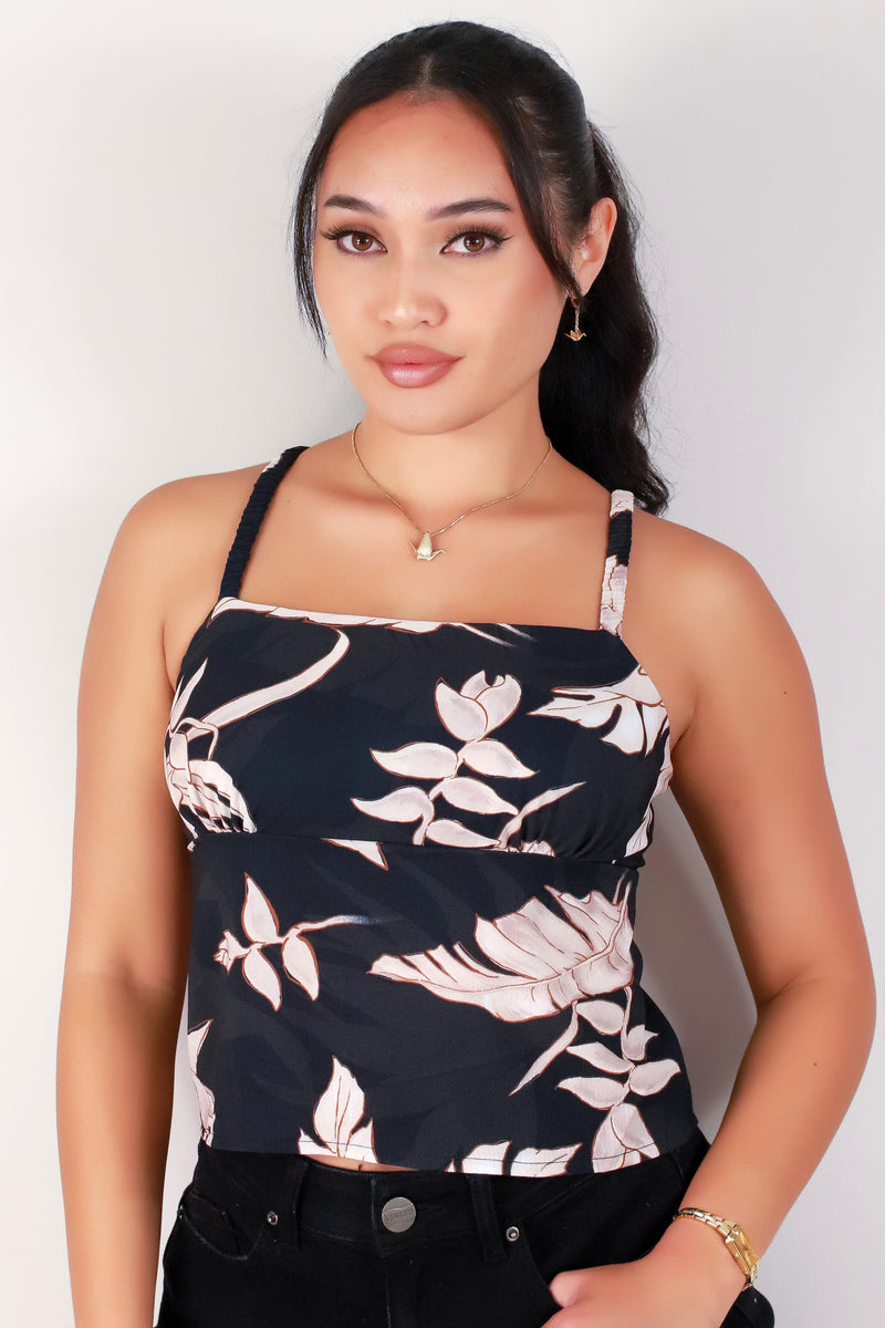 Jeans Warehouse Hawaii - TANK PRINT WOVEN DRESSY TOPS - TROPICAL HELICONIA OPEN BACK TANK TOP | By LUZ