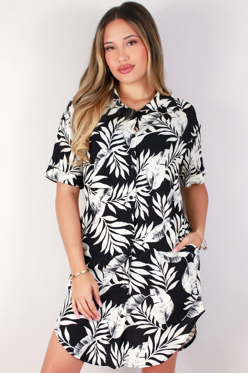 Jeans Warehouse Hawaii - SLEEVE SHORT PRINT DRESSES - LEAF ME BE BUTTON DOWN DRESS | By LUZ