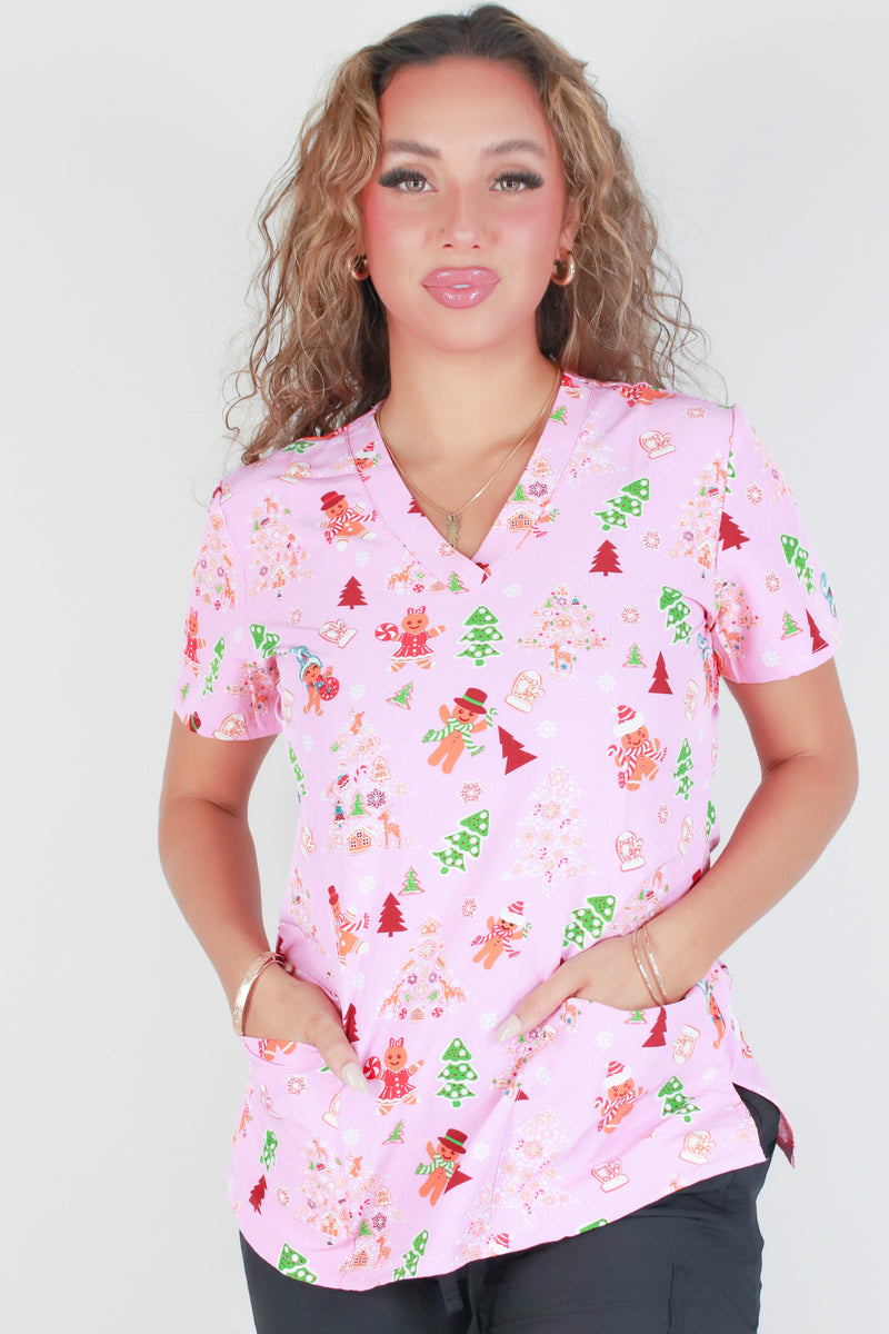 Jeans Warehouse Hawaii - JUNIOR PRINT SCRUBS - GINGERBREAD SCRUB TOP | By GREEN TOWN LLC