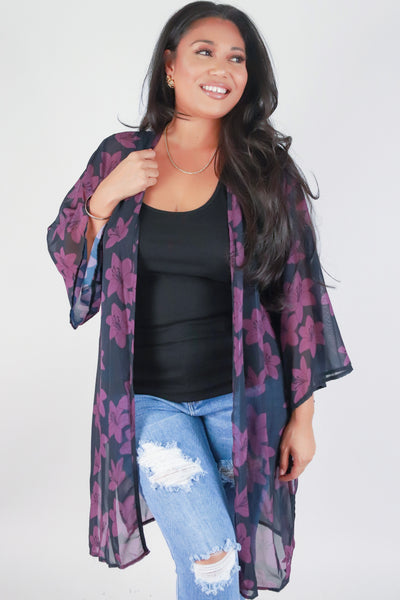 Jeans Warehouse Hawaii - PLUS S/S PRINT WOVEN TOPS - LILY CHIFFON CARDIGAN | By LUZ