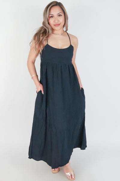 Jeans Warehouse Hawaii - SOLID LONG DRESSES - SPAGHETTI STRAP TIE BACK MAXI DRESS | By OLIVE & CO