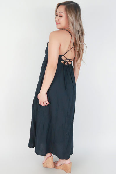 Jeans Warehouse Hawaii - SOLID LONG DRESSES - SPAGHETTI STRAP TIE BACK MAXI DRESS | By OLIVE & CO