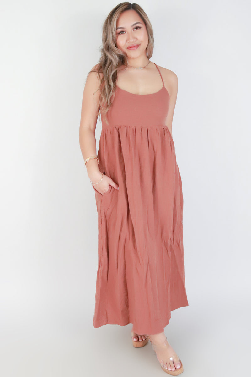 Jeans Warehouse Hawaii - SOLID LONG DRESSES - SPAGHETTI STRAP TIE BACK MAXI DRESS | By OLIVE & CO