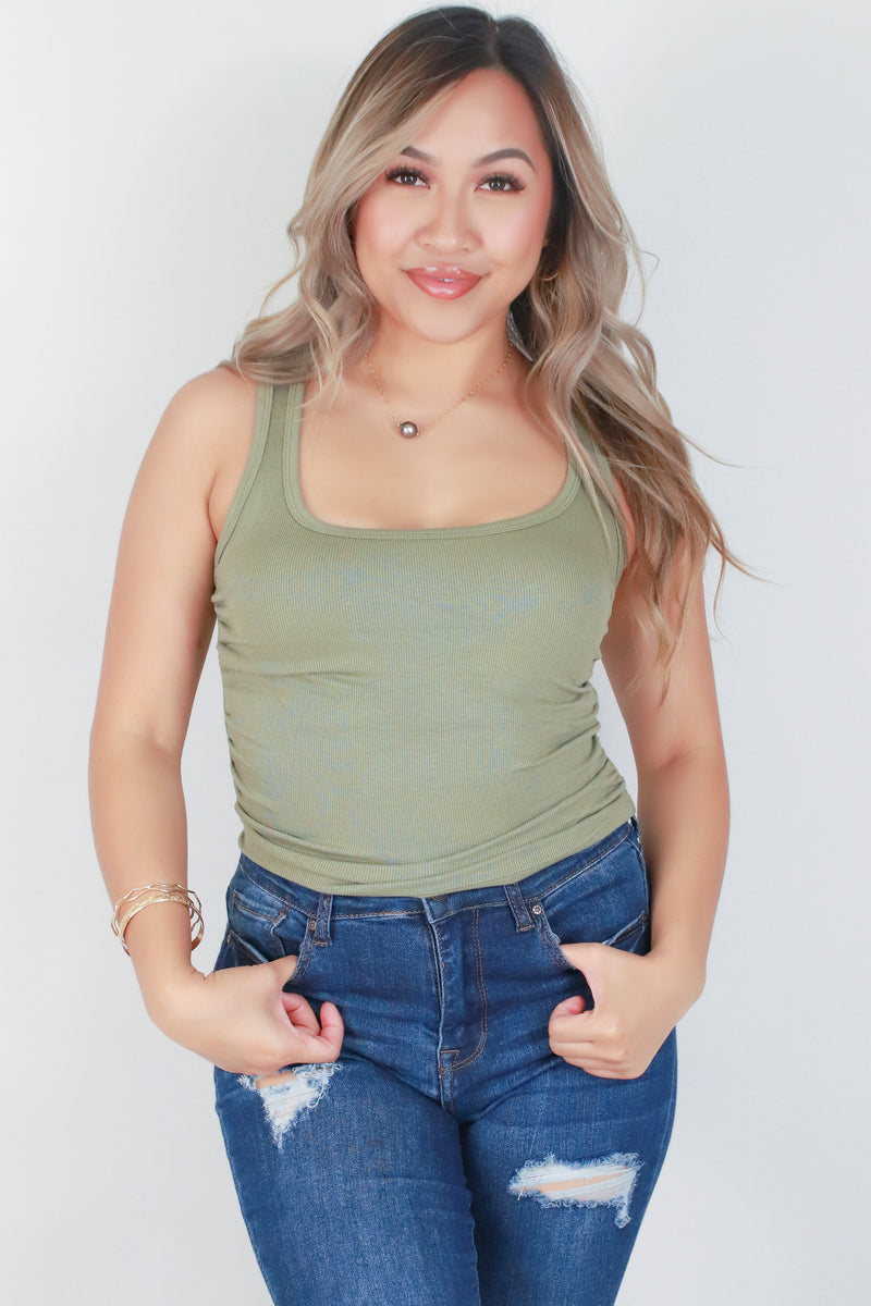 Jeans Warehouse Hawaii - S/L SOLID KNIT TOPS - RUCHED SQUARE NECK TANK TOP | By OLIVACEOUS