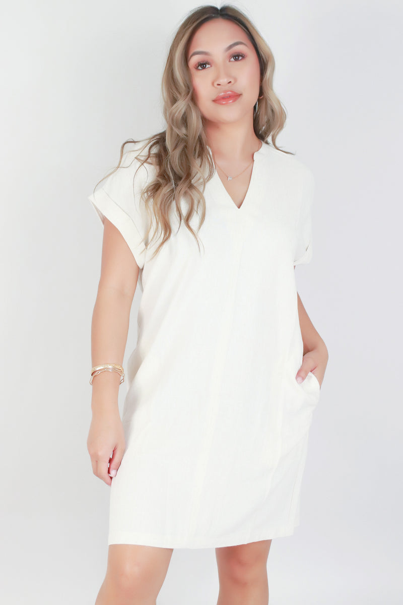 Jeans Warehouse Hawaii - SOLID SHORT DRESSES - SHORT SLEEVE LINEN DRESS | By OLIVE & CO