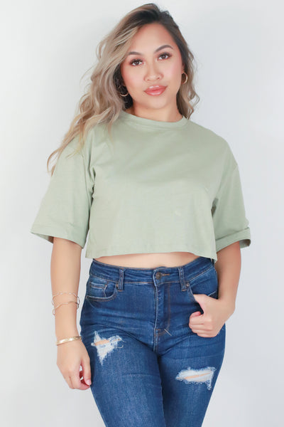 Jeans Warehouse Hawaii - S/S SOLID KNIT TOPS - CREW NECK BOXY CROP TEE | By OLIVACEOUS