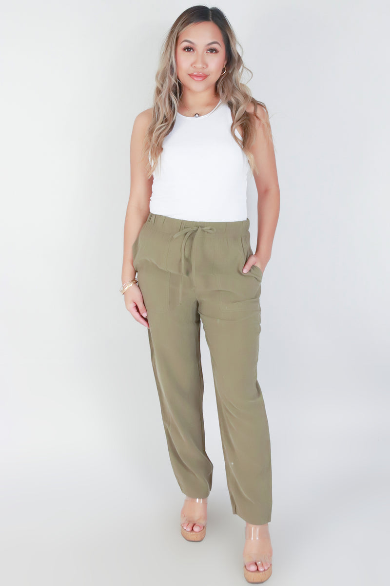 Jeans Warehouse Hawaii - SOLID WOVEN PANTS - TIE WAIST PANTS WITH POCKETS | By OLIVACEOUS